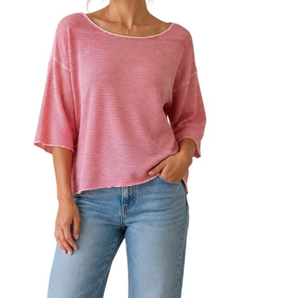 Foxcroft NYC‎ Pink White Striped Cotton Knit Bell Sleeve Top Women's 1X